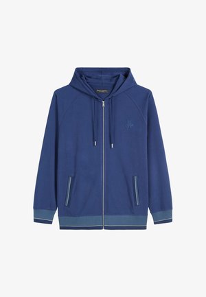 Dunkelblaues Zip-Hoodie mit verstellbarem Kapuzenzug, Raglanärmeln, Fronttaschen, kontrastierendem Saum und gesticktem Logo in der Nähe des Halsausschnitts.