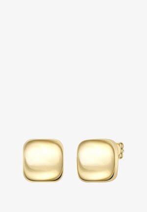 Ein Paar polierte goldene quadratische Ohrringe mit abgerundeten Kanten und Schmetterlings-Verschlüssen auf weißem Hintergrund.