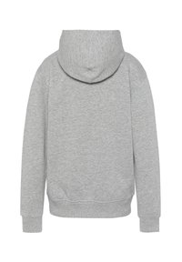 Felpa grigia con cappuccio vista da dietro, con maniche lunghe e bordi a costine, design semplice e senza loghi visibili.