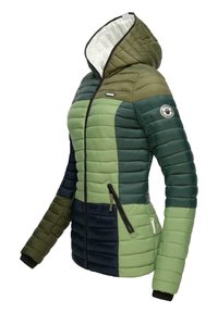Padded hooded jacket in shades of green and navy, featuring stitched panel design, zip pockets, and ribbed cuffs. Smooth interior lining.