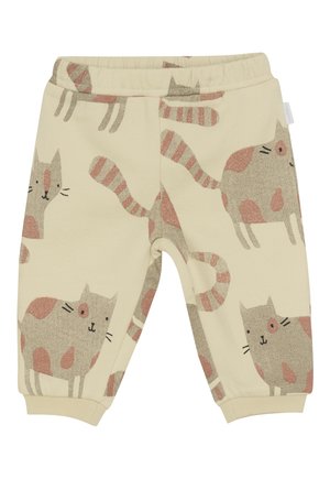 Crème kleurige babybroek met beige en roze cartoon kattenpatronen en een elastische tailleband en boorden.