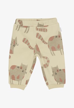 Crème kleurige babybroek met beige en roze cartoon kattenpatronen en een elastische tailleband en boorden.