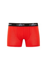 Red boxer shorts made of smooth fabric, featuring a black elastic waistband with "LONDON" printed in gray. Classic fitted design.
