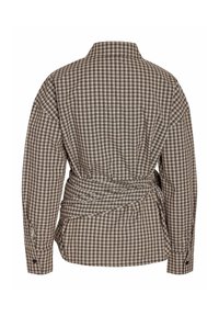 Chemise à carreaux marron et beige à manches longues avec un col haut et un détail ceinturant la taille visible de dos.