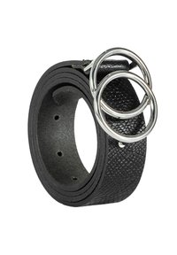 Czarny skórzany pasek o fakturowanym wykończeniu z trzema srebrnymi metalowymi pierścieniami. Posiada pięć otworów do regulacji rozmiaru.
