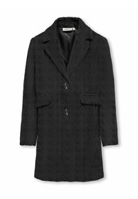 Cappotto nero, texturizzato, con revers a punta, due tasche frontali e chiusura con bottoni. Presenta un tessuto morbido e una silhouette lunghezza ginocchio.