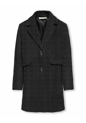 Cappotto nero, texturizzato, con revers a punta, due tasche frontali e chiusura con bottoni. Presenta un tessuto morbido e una silhouette lunghezza ginocchio.