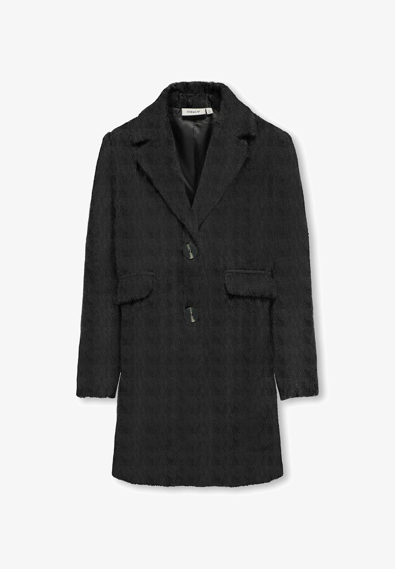 Palton negru, texturat, cu rever decupat, două buzunare frontale și închidere cu nasturi. Prezintă un material moale și o siluetă lungime până la genunchi.