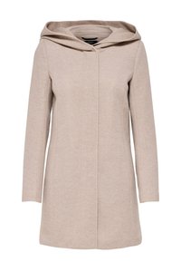 Beige hoodie coat with long sleeves, soft texture, straight cut, and minimalistic design. Front zipper opening and no visible hardware details.