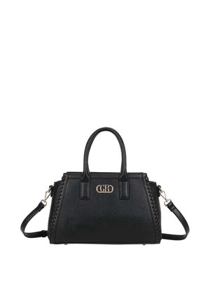 Sac à main en cuir noir avec deux poignées, bandoulière détachable et logo "GRB" doré à l'avant, avec des détails tressés sur les côtés.