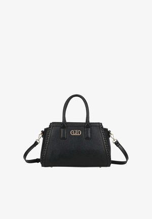 Sac à main en cuir noir avec deux poignées, bandoulière détachable et logo "GRB" doré à l'avant, avec des détails tressés sur les côtés.