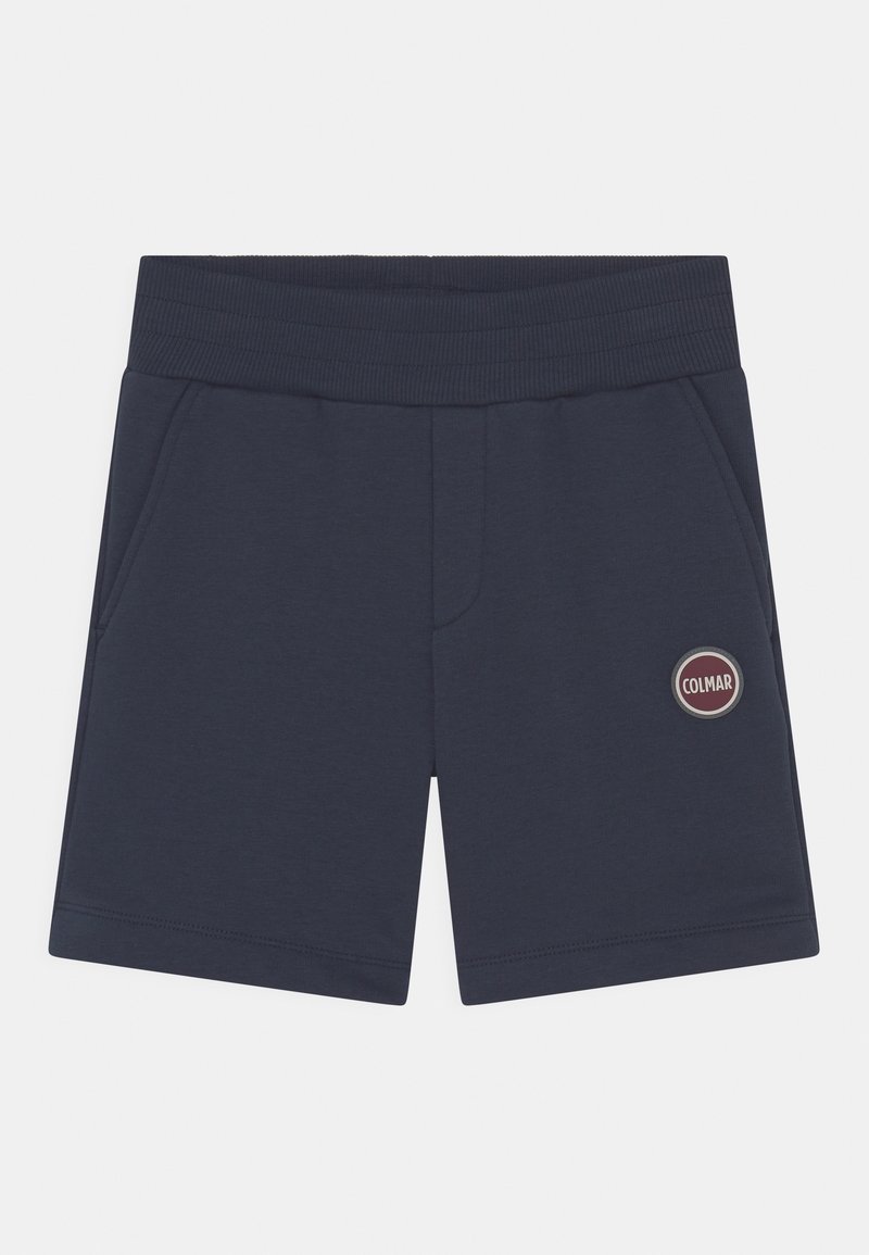 Marineblå shorts lavet af blødt stof med ribbet linning, to sidelommer og et rundt logoemblem foran.