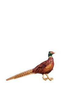 Ceramic pheasant figurine featuring a glossy finish, bronze and gold accents, detailed plumage patterns, and a long tail.