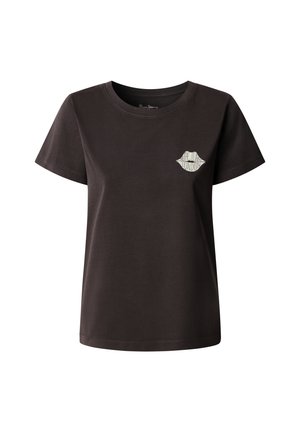 T-shirt noir à manches courtes avec un col rond et un logo en forme de lèvres blanches sur la poitrine gauche indiquant "Pepe Jeans London".