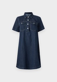 Denim dress in dark blue, short sleeves, collared neckline, button front, two chest pockets, and a loose fit with side slits.
