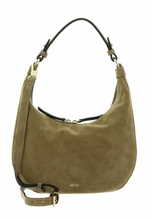 Olivgrüne Wildleder-Hobo-Tasche mit einem einzelnen oberen Griff, verstellbarem langen Riemen, goldenem Reißverschluss und kleinem goldenen „abro“-Logo vorne.