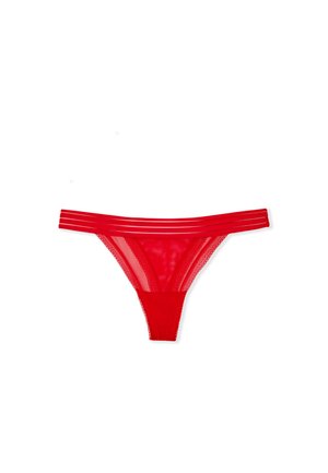 Red lace thong with sheer mesh panels, featuring a narrow waistband and three horizontal straps on each side for added detail.
