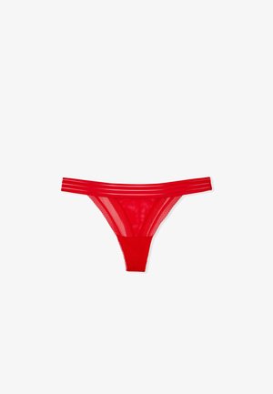 Red lace thong with sheer mesh panels, featuring a narrow waistband and three horizontal straps on each side for added detail.