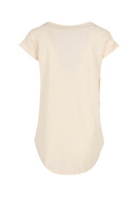 Helle beige Kurzarm-T-Shirt mit rundem Halsausschnitt, abgerundetem Saum, weicher Textur und aufgerollten Ärmeln. Die Rückansicht zeigt keine zusätzlichen Details.