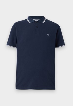 Polo navy en tissu texturé avec un col classique, doté de finitions blanches et d'un petit logo. Manches courtes et patte de boutonnage à deux boutons.