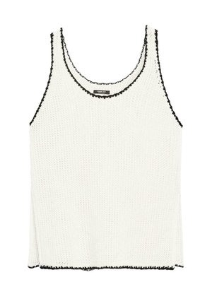 Weißes gestricktes Tanktop mit schwarzem Saum. Verfügt über einen runden Ausschnitt, breite Schulterträger und eine leicht lockere Passform. Strukturierter Stoff.