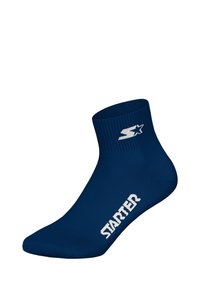Navy blue ankle sock made of smooth fabric. Features ribbed cuff and white "STARTER" logo with a star graphic near the ankle.