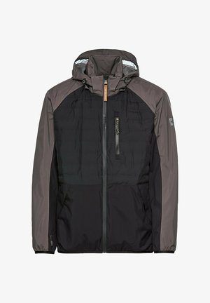 Kurtka z kapturem o czarnym korpusie i szarych ramionach, z zamkiem błyskawicznym w kieszeni, siateczkowym podszyciem i gładką teksturą. Materiał wodoodporny.