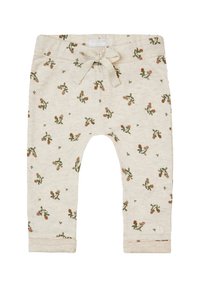 Crèmekleurige babybroekjes met kleine bruine en groene bloemenprint, een stoffen strik in de taille en omgerolde boorden.