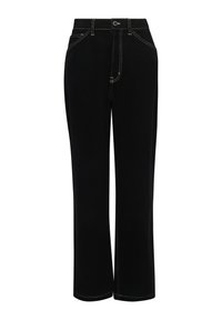 Pantalones anchos negros de algodón con costuras blancas en contraste, cinco bolsillos y cierre de botón en la cintura.