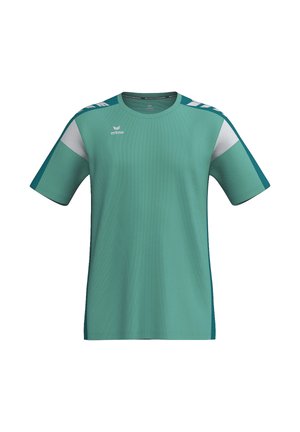 Groen sportshirt met korte mouwen met petrolkleurige en witte schouderpanelen, ronde halslijn en wit "erima"-logo op de borst.