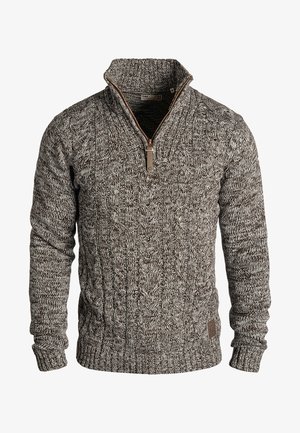 Gestrickter Pullover in Grautönen mit einem Halbreißverschluss-Kragen, gerippten Bündchen und Flechtmuster. Hergestellt aus strukturiertem Stoff.