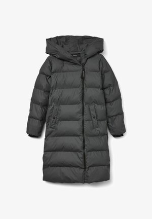 Manteau long et rembourré gris foncé avec capuche, doté d'une fermeture éclair à l'avant, de deux poches latérales et d'une texture de tissu lisse et brillante.