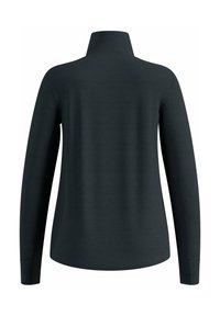 Pull noir à manches longues avec col haut, coutures visibles et ourlet légèrement incurvé, présenté de dos.