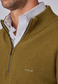 Sweater zippé vert olive avec un col côtelé, tricot texturé, superposé sur une chemise à rayures blanches et grises. Présente un petit logo.