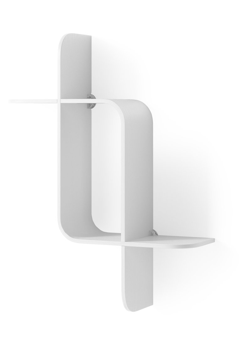 Mensola bianca da parete con un design curvo e due piattaforme orizzontali. Superficie e bordi lisci, aspetto minimalista, senza hardware visibile.