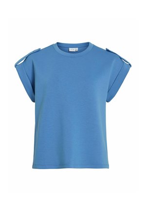 Blue short-sleeve top made from soft fabric, featuring a round neckline and shoulder cut-out details. Simple, relaxed fit design.