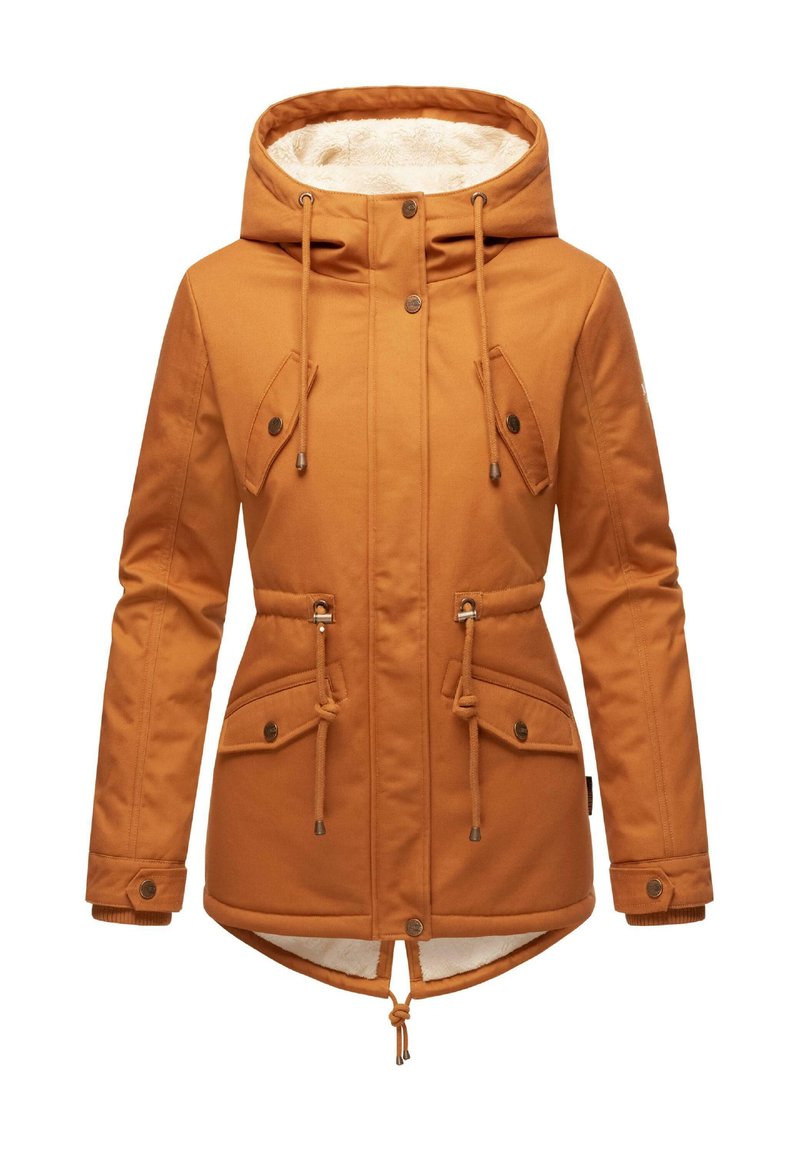 Oranje, capuchonjack met een fuzzy voering, voorzien van twee klepzakken aan de voorkant, een verstelbare trekkoord taille en knoopaccenten.
