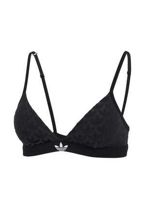 Zwarte driehoekige bh van textuurstof met een bladpatroon, verstelbare bandjes en een wit logo op de band.