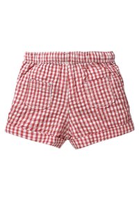 Bermudas de cuadros rojos y blancos con cinturilla elástica, dos bolsillos traseros y dobladillo doblado. Hechas de una tela ligera.