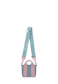 Piccola borsa a tracolla con corpo in tessuto azzurro chiaro, dettagli rosa e tracolla regolabile. Design del manico distintivo con strisce bicolori.