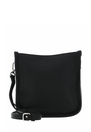 Sac bandoulière en cuir noir texturé avec boucle argentée et sangle réglable, design minimaliste, forme rectangulaire, marque Seidenfelt.