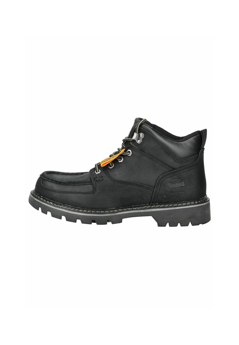 Bottine en cuir noir avec une semelle robuste, bout rond, couture contrastante, œillets en métal et un design à lacets.