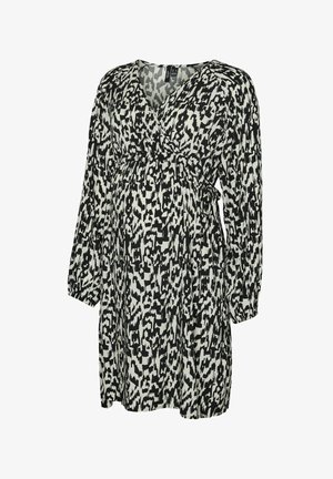 Črna in smetanasto bela vzorčasta obleka za nosečnice z V-izrezom, dolgimi rokavi in nastavljivimi bočnimi vezalkami, ki se ponaša s prostornim in ohlapnim fitom.