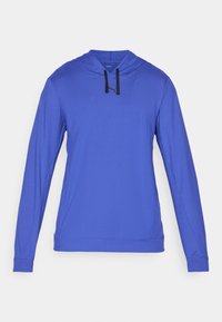 Felpa blu a maniche lunghe realizzata in materiale leggero, con collo regolabile tramite cordoncino, polsini a coste e cuciture laterali per una vestibilità su misura.