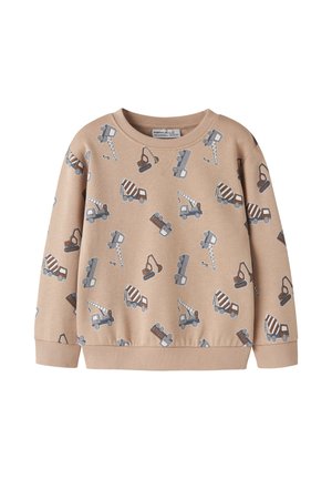 Sweat-shirt beige pour enfants avec des motifs de véhicules de chantier comprenant des grues, des bétonnières et des pelleteuses aux tons gris et marron.