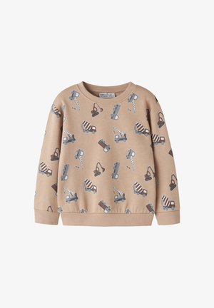 Sweat-shirt beige pour enfants avec des motifs de véhicules de chantier comprenant des grues, des bétonnières et des pelleteuses aux tons gris et marron.