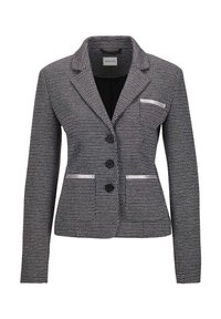 Schwarz-weißer blumiger Blazer mit einer taillierten Passform, Reverskragen, einer Brusttasche, drei vorderen Knöpfen und langen Ärmeln.