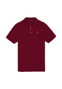 Burgundská bavlněná polo košile s klasickým límcem, třemi knoflíky a vyšitým logem golfisty na levé hrudi. Krátké rukávy.