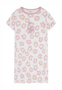 Kurzes Baumwoll-Nachthemd mit pinken, gelben und weißen Blumenmuster. Verfügt über einen pinken Rundhalsausschnitt und ein Grafikmotiv einer Giraffe mit dem Text "ROAR".