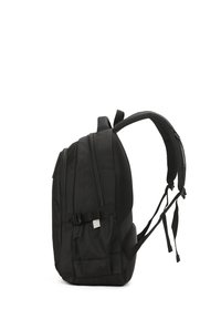 Zaino nero con più scomparti, chiusure zip, tasche laterali in rete, spallacci imbottiti e fibbie regolabili per il supporto.